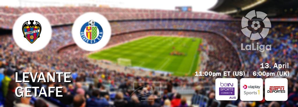 You can watch game live between Levante and Getafe on beIN Sports Connect(AU), Viaplay Sports 1(UK), ESPN Deportes(US). You can watch game live between Levante and Getafe on beIN Sports Connect(AU), Viaplay Sports 1(UK), ESPN Deportes(US).
