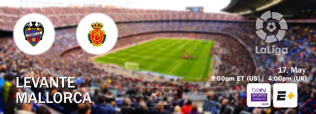 You can watch game live between Levante and Mallorca on beIN Sports Connect(AU) and ESPN+(US). You can watch game live between Levante and Mallorca on beIN Sports Connect(AU) and ESPN+(US).