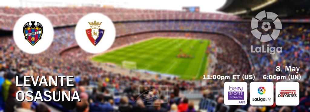 You can watch game live between Levante and Osasuna on beIN Sports Connect(AU), LaLiga TV(UK), ESPN Deportes(US).