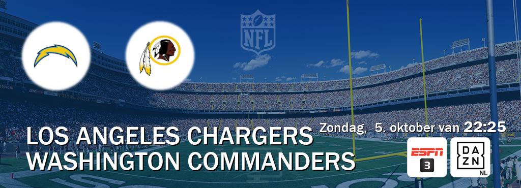 Wedstrijd tussen Los Angeles Chargers en Washington Commanders live op tv bij ESPN 3, DAZN (zondag, 5. oktober van 22:25). Wedstrijd tussen Los Angeles Chargers en Washington Commanders live op tv bij ESPN 3, DAZN (zondag, 5. oktober van 22:25).