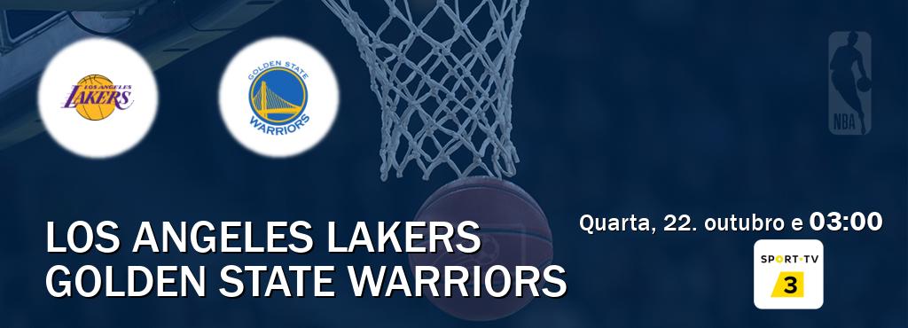 Jogo entre Los Angeles Lakers e Golden State Warriors tem emissão Sport TV 3 (quarta, 22. outubro e 03:00). Jogo entre Los Angeles Lakers e Golden State Warriors tem emissão Sport TV 3 (quarta, 22. outubro e 03:00).