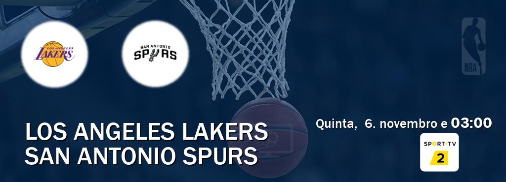 Jogo entre Los Angeles Lakers e San Antonio Spurs tem emissão Sport TV 2 (quinta, 6. novembro e 03:00). Jogo entre Los Angeles Lakers e San Antonio Spurs tem emissão Sport TV 2 (quinta, 6. novembro e 03:00).