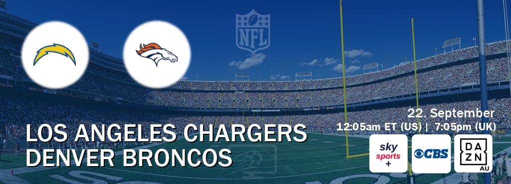 You can watch game live between Los Angeles Chargers and Denver Broncos on Sky Sports+(UK), CBS(US), DAZN(AU). You can watch game live between Los Angeles Chargers and Denver Broncos on Sky Sports+(UK), CBS(US), DAZN(AU).