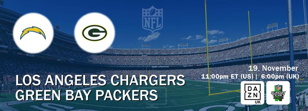 You can watch game live between Los Angeles Chargers and Green Bay Packers on DAZN UK(UK) and NFL Sunday Ticket(US).