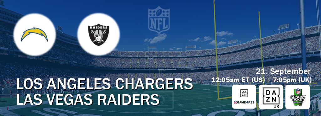 You can watch game live between Los Angeles Chargers and Las Vegas Raiders on DAZN NFL Game Pass, DAZN UK(UK), NFL Sunday Ticket(US).