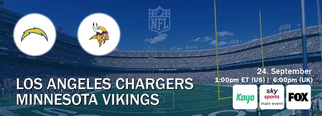You can watch game live between Los Angeles Chargers and Minnesota Vikings on Kayo Sports(AU), Sky Sports Main Event(UK), FOX(US).