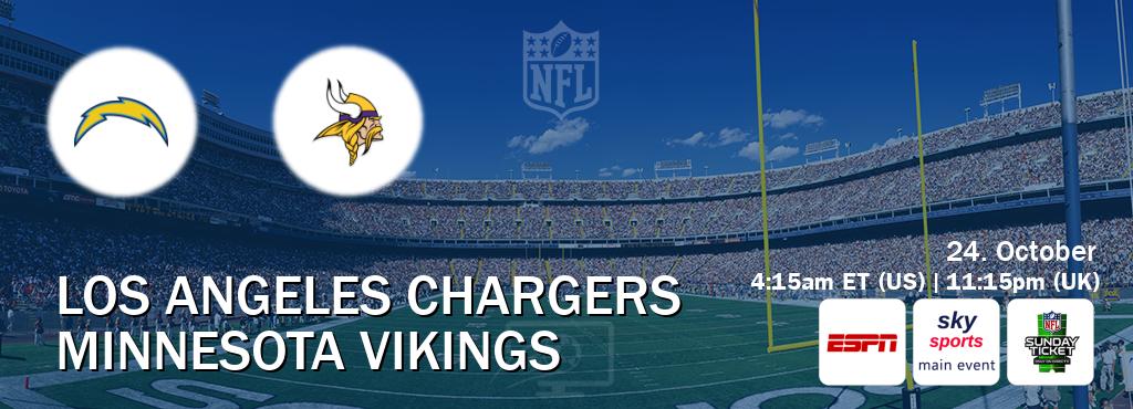You can watch game live between Los Angeles Chargers and Minnesota Vikings on ESPN(AU), Sky Sports Main Event(UK), NFL Sunday Ticket(US). You can watch game live between Los Angeles Chargers and Minnesota Vikings on ESPN(AU), Sky Sports Main Event(UK), NFL Sunday Ticket(US).