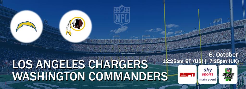 You can watch game live between Los Angeles Chargers and Washington Commanders on ESPN(AU), Sky Sports Main Event(UK), NFL Sunday Ticket(US). You can watch game live between Los Angeles Chargers and Washington Commanders on ESPN(AU), Sky Sports Main Event(UK), NFL Sunday Ticket(US).
