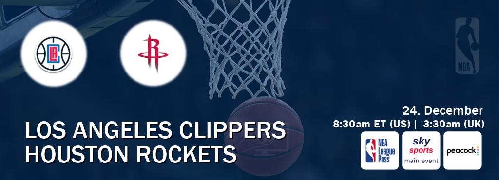 You can watch game live between Los Angeles Clippers and Houston Rockets on NBA League Pass, Sky Sports Main Event(UK), Peacock(US).
