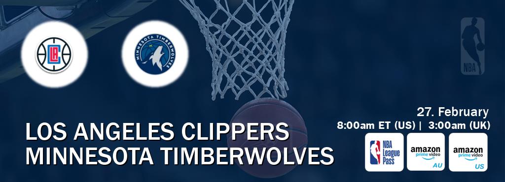 You can watch game live between Los Angeles Clippers and Minnesota Timberwolves on NBA League Pass, Amazon Prime Australia(AU), Amazon Prime US(US).