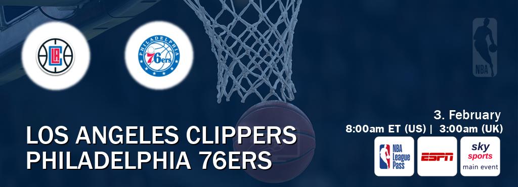 You can watch game live between Los Angeles Clippers and Philadelphia 76ers on NBA League Pass, ESPN(AU), Sky Sports Main Event(UK).