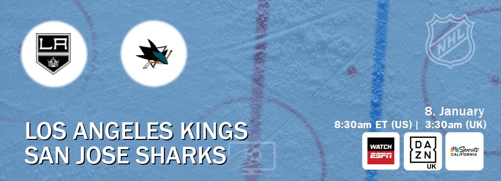 You can watch game live between Los Angeles Kings and San Jose Sharks on WatchESPN(AU), DAZN UK(UK), NBCS California(US). You can watch game live between Los Angeles Kings and San Jose Sharks on WatchESPN(AU), DAZN UK(UK), NBCS California(US).