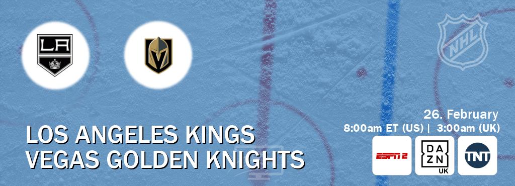You can watch game live between Los Angeles Kings and Vegas Golden Knights on ESPN2(AU), DAZN UK(UK), TNT(US). You can watch game live between Los Angeles Kings and Vegas Golden Knights on ESPN2(AU), DAZN UK(UK), TNT(US).