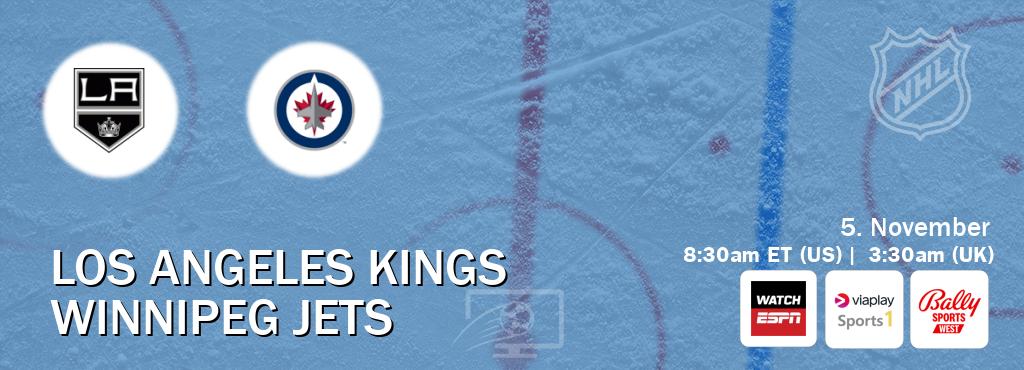 You can watch game live between Los Angeles Kings and Winnipeg Jets on WatchESPN(AU), Viaplay Sports 1(UK), Bally Sports West(US). You can watch game live between Los Angeles Kings and Winnipeg Jets on WatchESPN(AU), Viaplay Sports 1(UK), Bally Sports West(US).