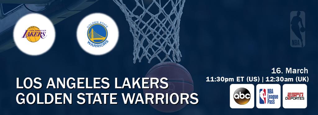 You can watch game live between Los Angeles Lakers and Golden State Warriors on ABC(US), NBA League Pass, ESPN Deportes(US).