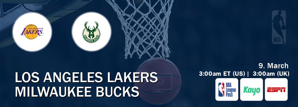 You can watch game live between Los Angeles Lakers and Milwaukee Bucks on NBA League Pass, Kayo Sports(AU), ESPN(US).