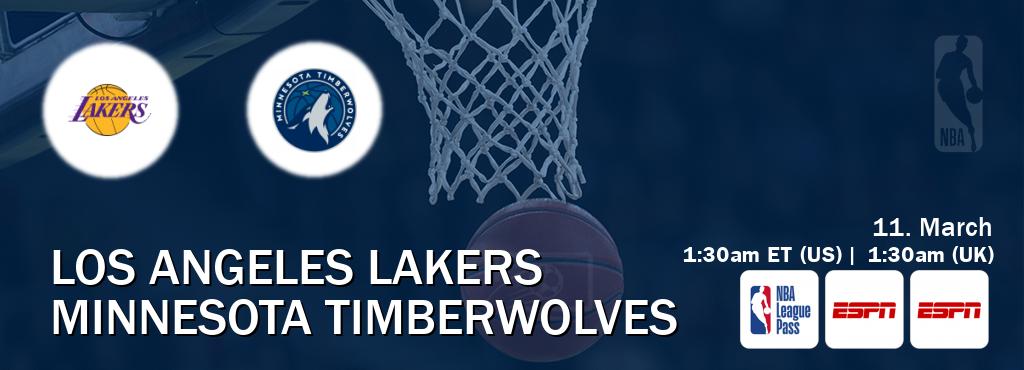You can watch game live between Los Angeles Lakers and Minnesota Timberwolves on NBA League Pass, ESPN(AU), ESPN(US).