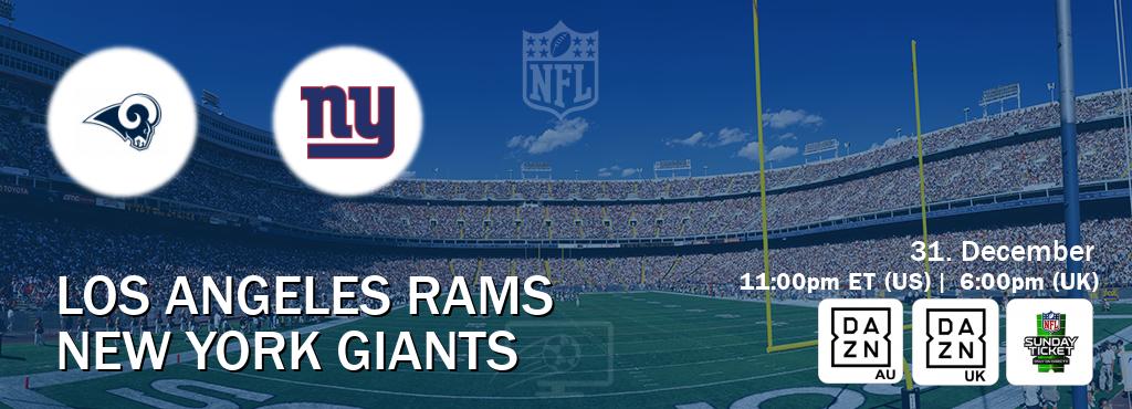 You can watch game live between Los Angeles Rams and New York Giants on DAZN(AU), DAZN UK(UK), NFL Sunday Ticket(US).