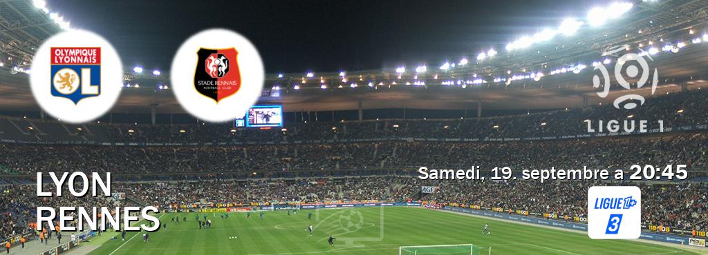 Match entre Lyon et Rennes en direct à la Ligue 1+ 3 (samedi, 19. septembre a  20:45).