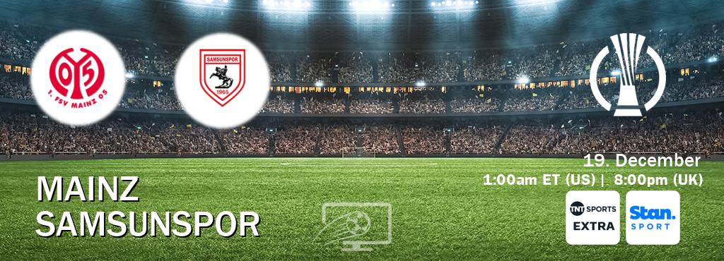 You can watch game live between Mainz and Samsunspor on TNT Sports Extra(UK) and Stan Sport(AU). You can watch game live between Mainz and Samsunspor on TNT Sports Extra(UK) and Stan Sport(AU).
