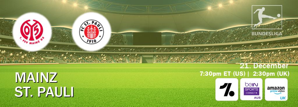 You can watch game live between Mainz and St. Pauli on OneFootball, beIN Sports Connect(AU), Amazon Prime Video UK(UK). You can watch game live between Mainz and St. Pauli on OneFootball, beIN Sports Connect(AU), Amazon Prime Video UK(UK).