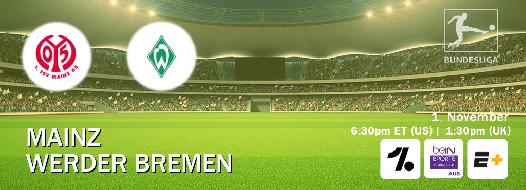 You can watch game live between Mainz and Werder Bremen on OneFootball, beIN Sports Connect(AU), ESPN+(US). You can watch game live between Mainz and Werder Bremen on OneFootball, beIN Sports Connect(AU), ESPN+(US).