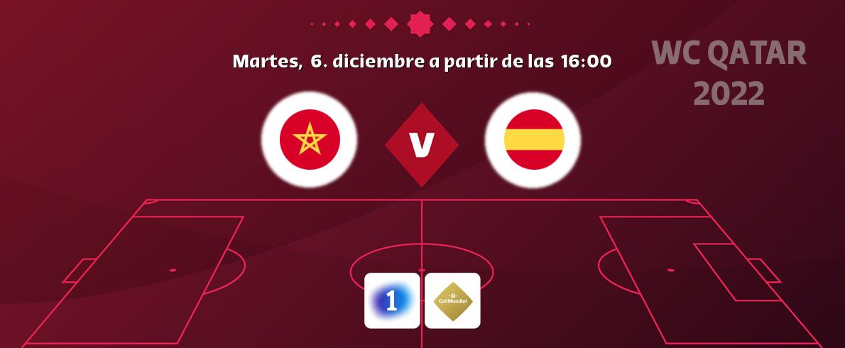 El partido entre Marruecos y España será retransmitido por LA 1 y Gol Mundial (martes,  6. diciembre a partir de las  16:00).