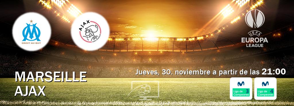 El partido entre Marseille y Ajax será retransmitido por Movistar Liga de Campeones 3 y Movistar Liga de Campeones 4 (jueves, 30. noviembre a partir de las  21:00).