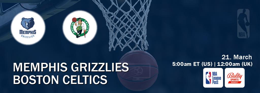 You can watch game live between Memphis Grizzlies and Boston Celtics on NBA League Pass and Bally Sports Midwest(US). You can watch game live between Memphis Grizzlies and Boston Celtics on NBA League Pass and Bally Sports Midwest(US).