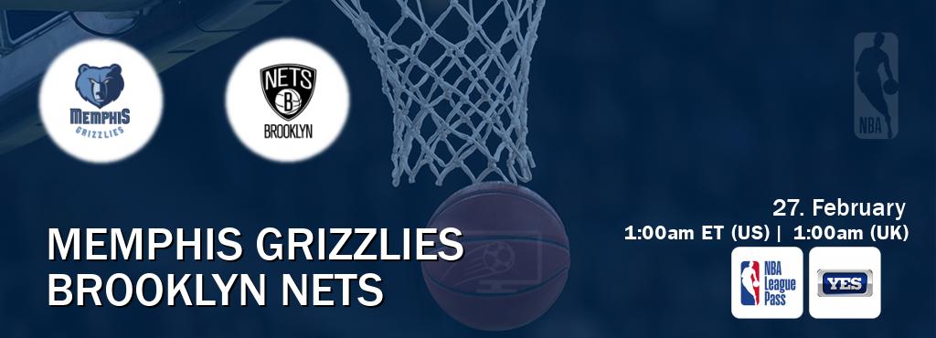 You can watch game live between Memphis Grizzlies and Brooklyn Nets on NBA League Pass and YES(US).
