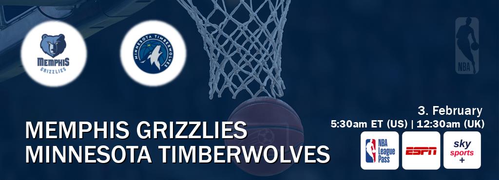 You can watch game live between Memphis Grizzlies and Minnesota Timberwolves on NBA League Pass, ESPN(AU), Sky Sports+(UK). You can watch game live between Memphis Grizzlies and Minnesota Timberwolves on NBA League Pass, ESPN(AU), Sky Sports+(UK).