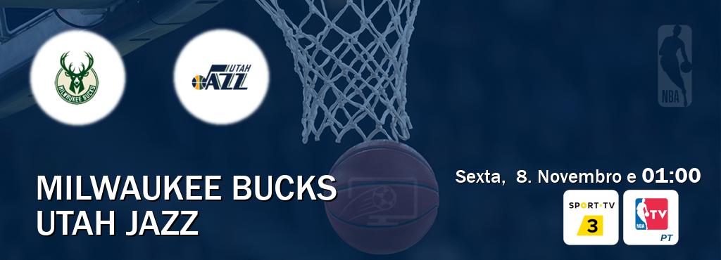 Jogo entre Milwaukee Bucks e Utah Jazz tem emissão Sport TV 3, NBA TV (Sexta,  8. Novembro e  01:00).