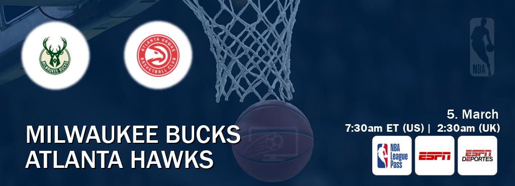 You can watch game live between Milwaukee Bucks and Atlanta Hawks on NBA League Pass, ESPN(AU), ESPN Deportes(US).