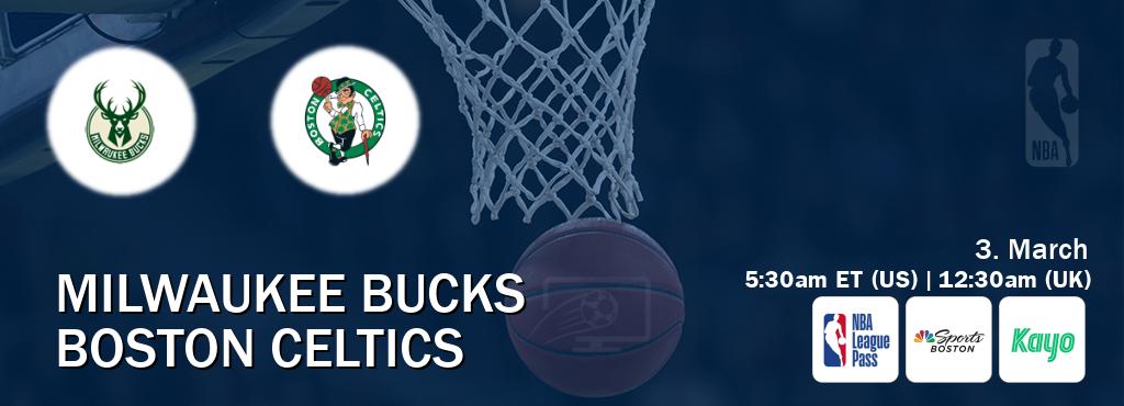 You can watch game live between Milwaukee Bucks and Boston Celtics on NBA League Pass, NBCS Boston(US), Kayo Sports(AU).