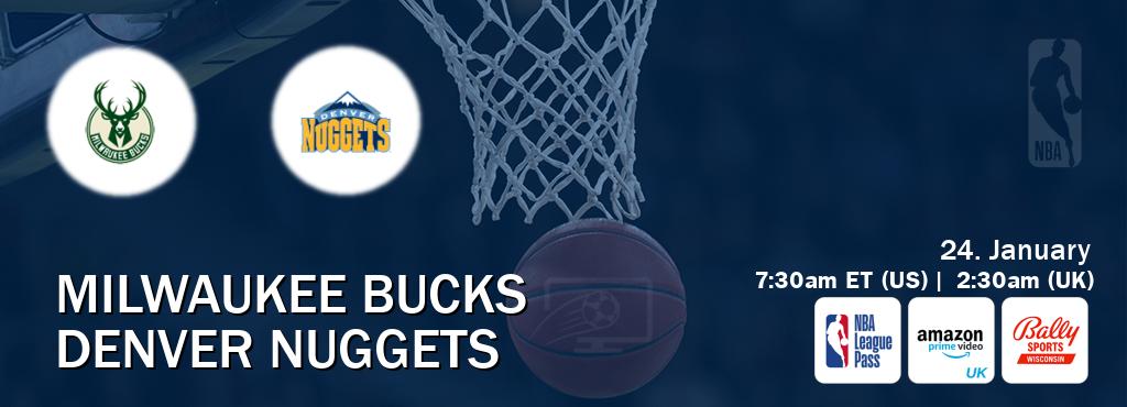 You can watch game live between Milwaukee Bucks and Denver Nuggets on NBA League Pass, Amazon Prime Video UK(UK), Bally Sports Wisconsin(US).