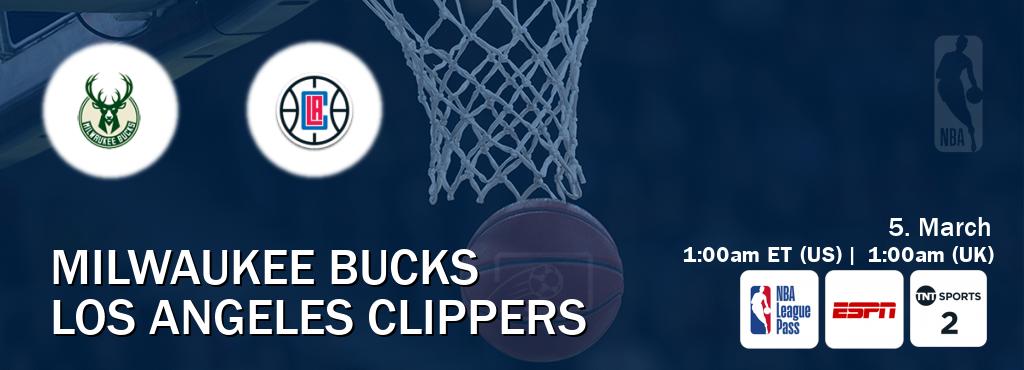 You can watch game live between Milwaukee Bucks and Los Angeles Clippers on NBA League Pass, ESPN(AU), TNT Sports 2(UK).