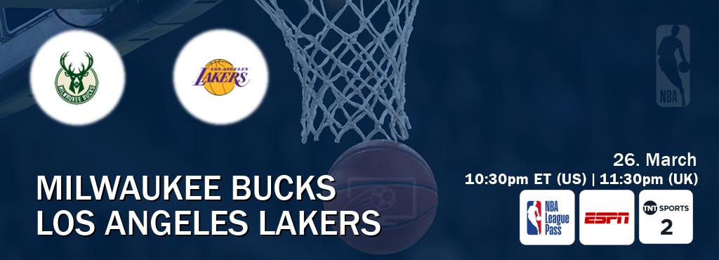 You can watch game live between Milwaukee Bucks and Los Angeles Lakers on NBA League Pass, ESPN(AU), TNT Sports 2(UK).