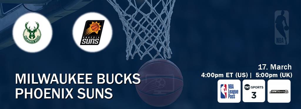 You can watch game live between Milwaukee Bucks and Phoenix Suns on NBA League Pass, TNT Sports 3(UK), AFN Sports 2(US).