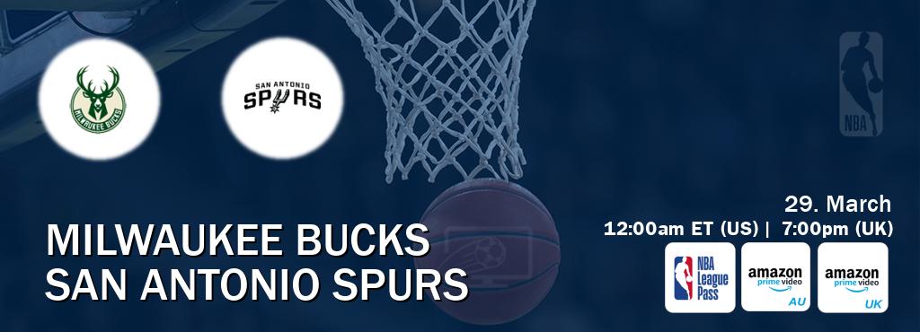 You can watch game live between Milwaukee Bucks and San Antonio Spurs on NBA League Pass, Amazon Prime Australia(AU), Amazon Prime Video UK(UK).