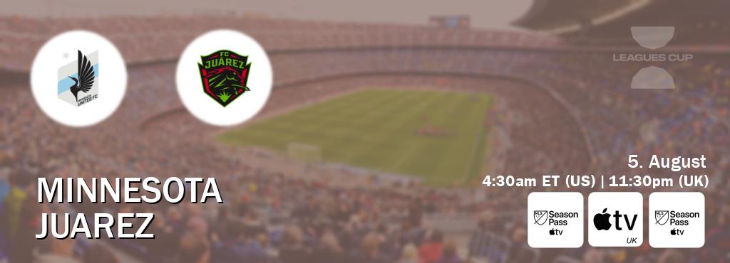 You can watch game live between Minnesota and Juarez on MLS Season Pass, Apple TV(UK), MLS Season Pass(US). You can watch game live between Minnesota and Juarez on MLS Season Pass, Apple TV(UK), MLS Season Pass(US).