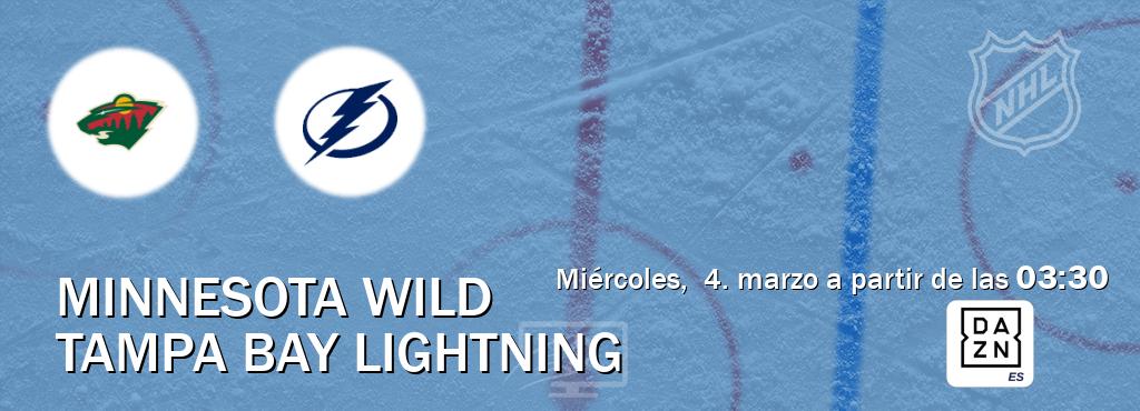 El partido entre Minnesota Wild y Tampa Bay Lightning será retransmitido por DAZN España (miércoles,  4. marzo a partir de las  03:30).