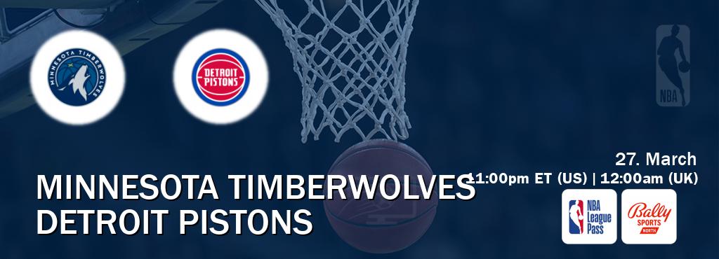 You can watch game live between Minnesota Timberwolves and Detroit Pistons on NBA League Pass and Bally Sports North(US).