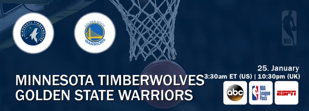 You can watch game live between Minnesota Timberwolves and Golden State Warriors on ABC(US), NBA League Pass, ESPN(AU).