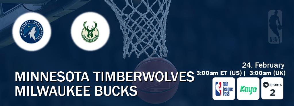 You can watch game live between Minnesota Timberwolves and Milwaukee Bucks on NBA League Pass, Kayo Sports(AU), TNT Sports 2(UK).
