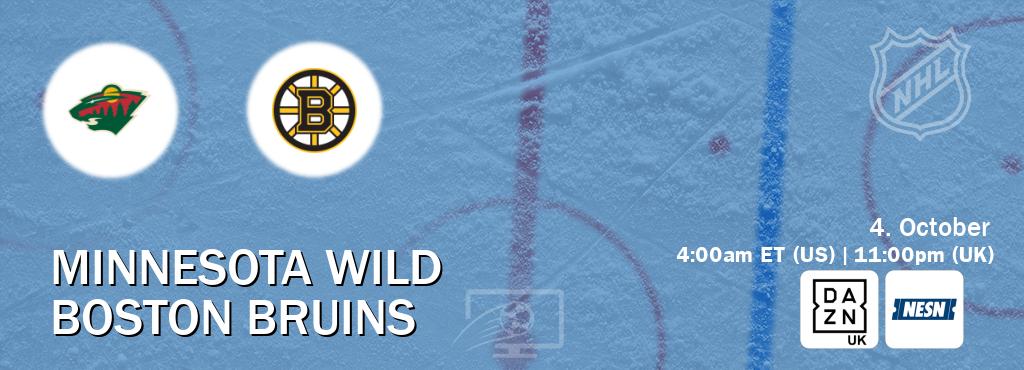 You can watch game live between Minnesota Wild and Boston Bruins on DAZN UK(UK) and NESN(US). You can watch game live between Minnesota Wild and Boston Bruins on DAZN UK(UK) and NESN(US).