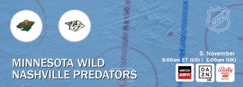 You can watch game live between Minnesota Wild and Nashville Predators on WatchESPN(AU), DAZN UK(UK), Bally Sports Nashville(US). You can watch game live between Minnesota Wild and Nashville Predators on WatchESPN(AU), DAZN UK(UK), Bally Sports Nashville(US).