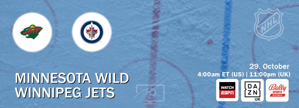 You can watch game live between Minnesota Wild and Winnipeg Jets on WatchESPN(AU), DAZN UK(UK), Bally Sports Wisconsin(US). You can watch game live between Minnesota Wild and Winnipeg Jets on WatchESPN(AU), DAZN UK(UK), Bally Sports Wisconsin(US).