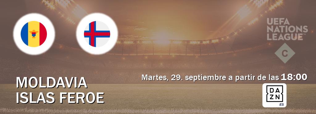 El partido entre Moldavia y Islas Feroe será retransmitido por DAZN España (martes, 29. septiembre a partir de las 18:00). El partido entre Moldavia y Islas Feroe será retransmitido por DAZN España (martes, 29. septiembre a partir de las 18:00).