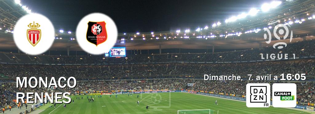 Match entre Monaco et Rennes en direct à la DAZN et Canal+ Foot (dimanche,  7. avril a  16:05).