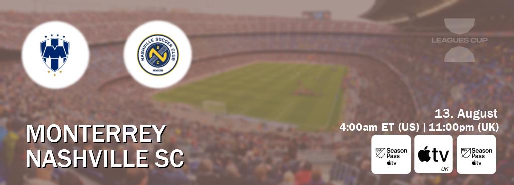 You can watch game live between Monterrey and Nashville SC on MLS Season Pass, Apple TV(UK), MLS Season Pass(US). You can watch game live between Monterrey and Nashville SC on MLS Season Pass, Apple TV(UK), MLS Season Pass(US).